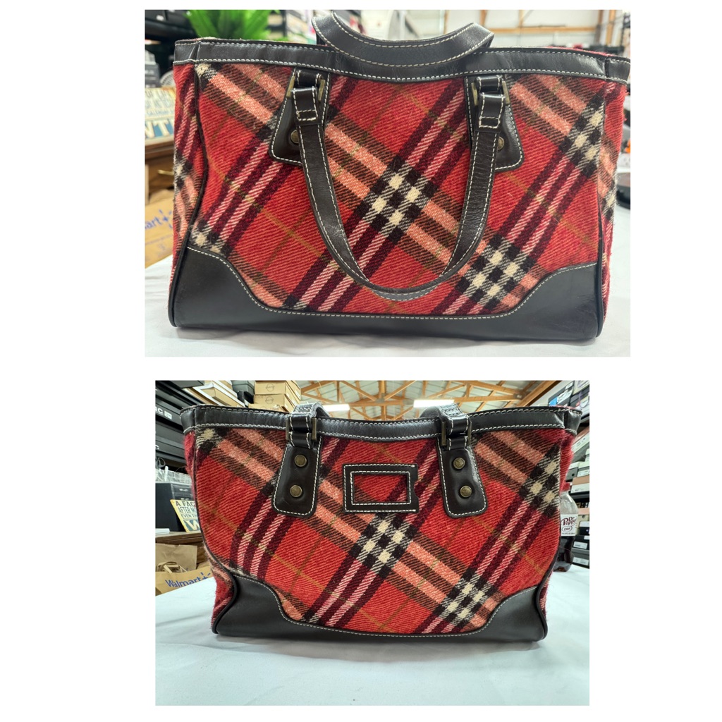 Burberry Blue Label Red Plaid Tote Bag With Brown Leather Trim Rare
